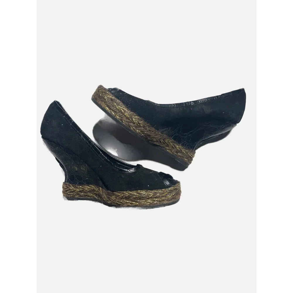 Hollywould Lexington Wedges Women 36 Black Suede Croc Peep Toe Platform Heels